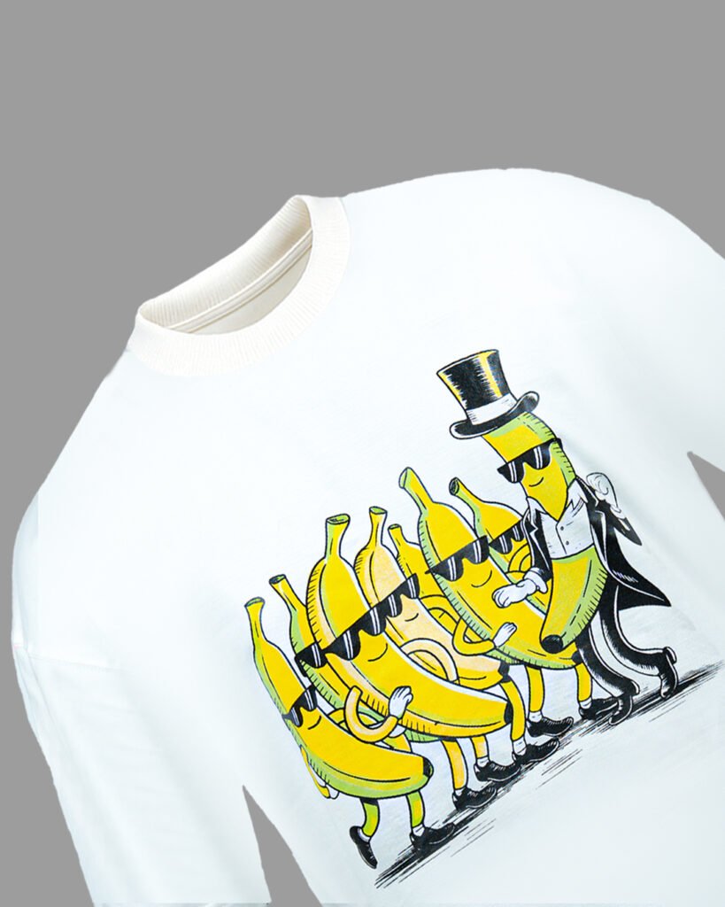 White cartoon banana graphic t-shirt – front angled view