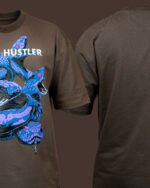 Brown oversized t-shirt with blue and purple snake graphic – front and back view
