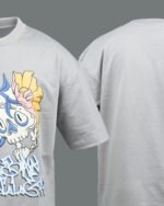 Close-up of multi-color skull artwork on grey oversized t-shirt