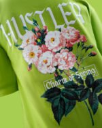 High-definition floral graphic print on neon green oversized t-shirt