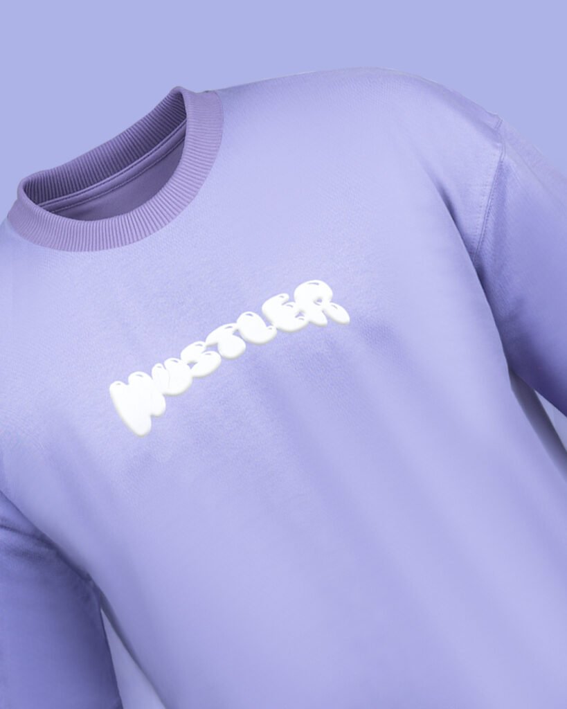 lavender oversized t-shirt with white bubble Hustler logo – front angle